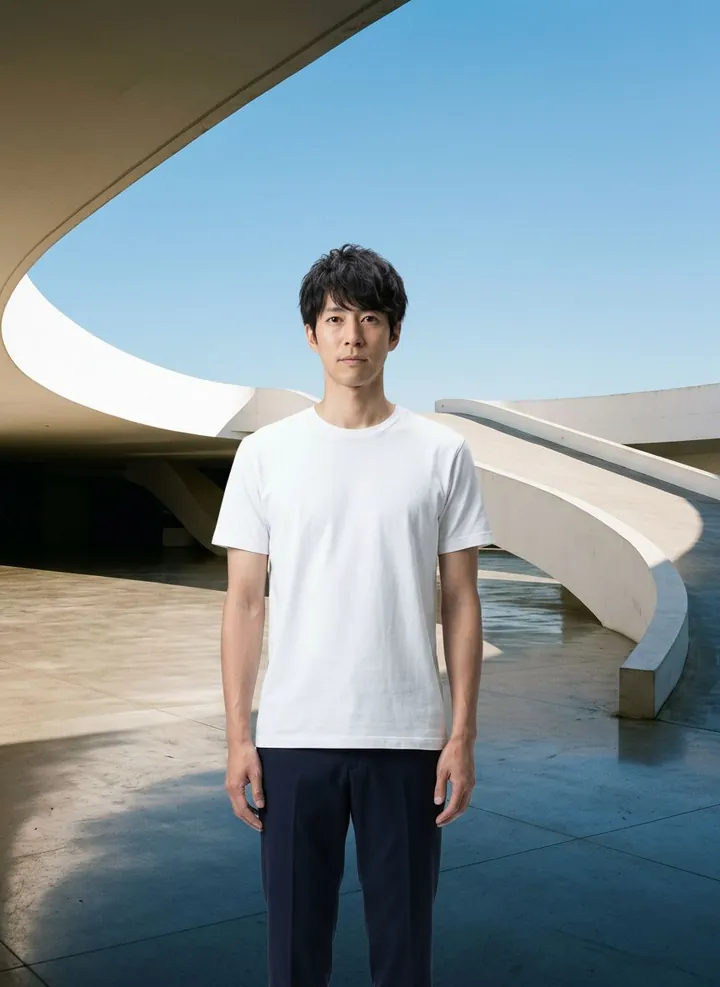 Kenji wearing heavyweight white t-shirt in the Brasília modernist set