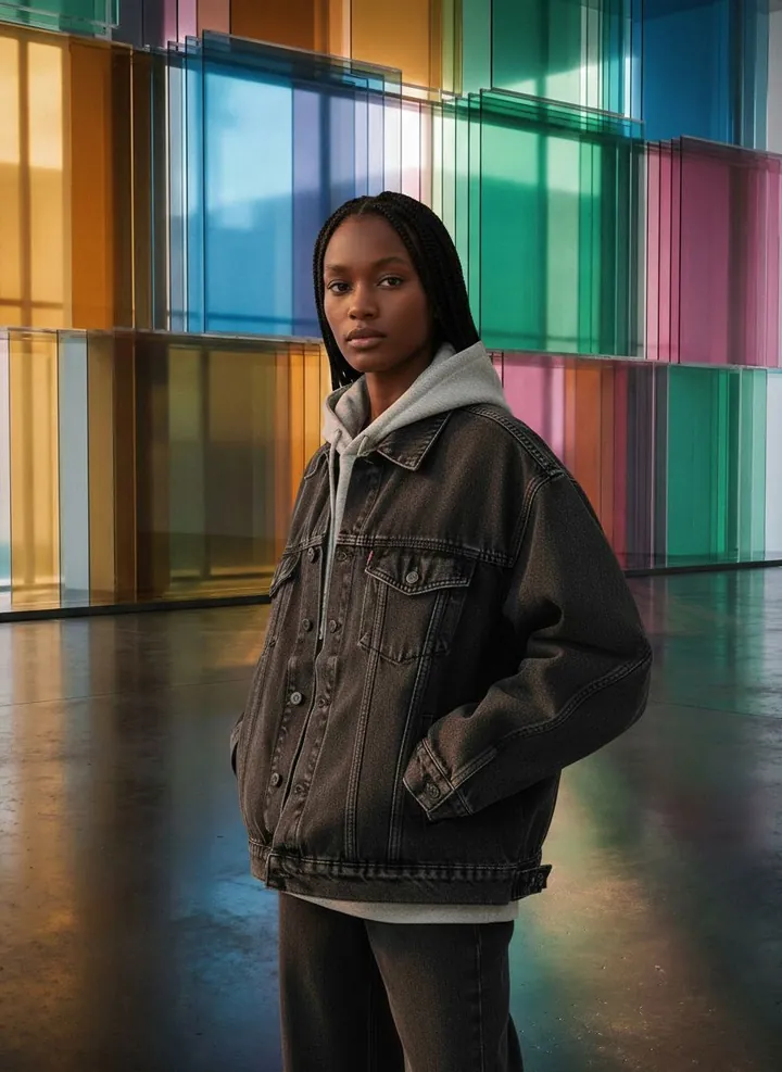 Oversized black denim jacket worn by an AI model in the Plexi set