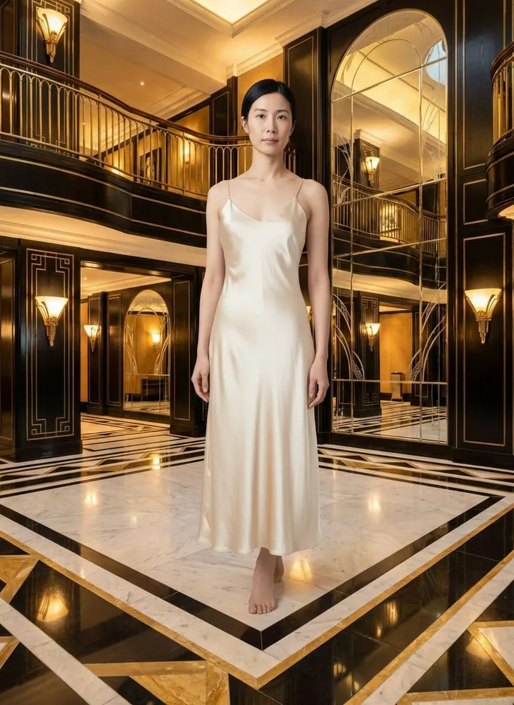 Qing wearing satin slip midi dress in the Artdeco set