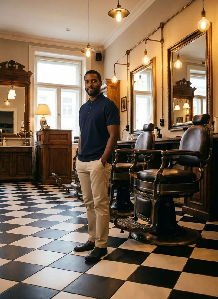 Rafael wearing knitted polo shirt in the Barber set