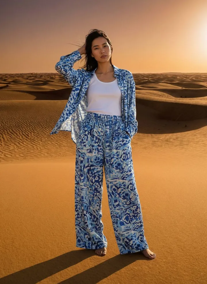 Qing wearing printed resort co-ord in the Dunes set