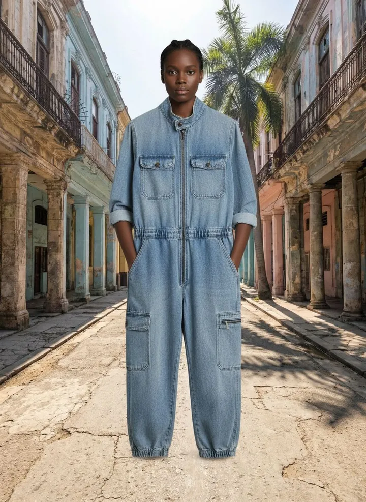 Aaliyah wearing denim boiler suit in the Havana set
