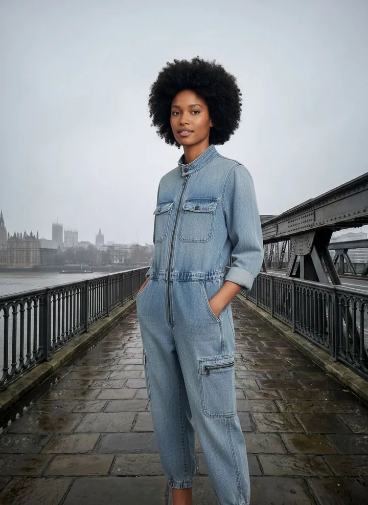 Zuri wearing denim boiler suit in the London bridge set