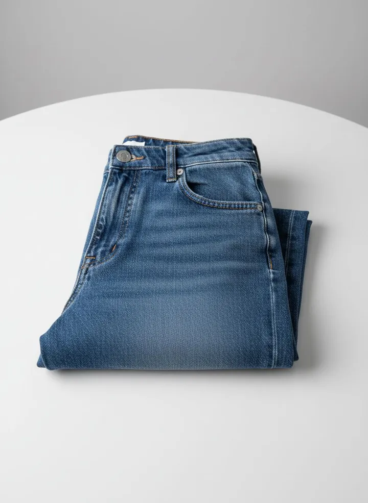 Jeans de perna reta — fotografia de produto, dobrado sobre uma mesa