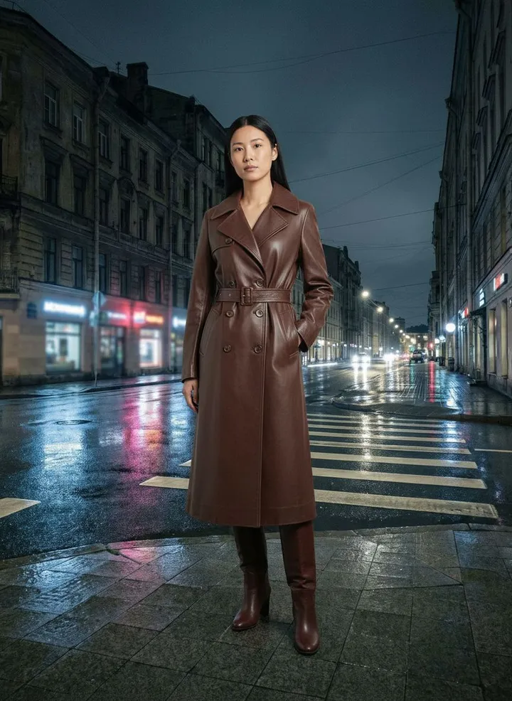 Skórzany trencz — zdjęcie AI na modelu, Deszcz