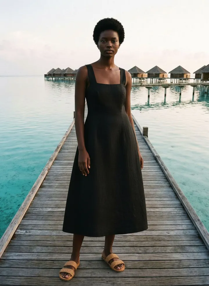 Vestido midi preto em linho — fotografia com modelo por IA, Lagoa