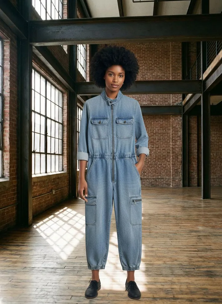 Tuta in denim — foto AI su modello, Loft raw di NYC